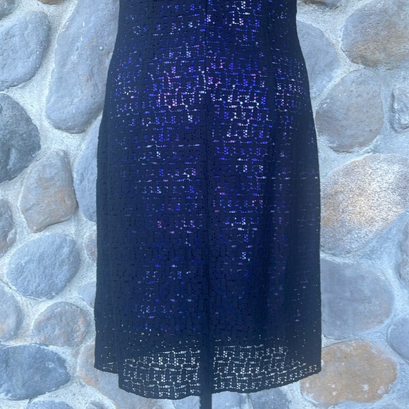 Tahari sheath dress black geometric lace with bright purple floral underlayer - Picture 7 of 12